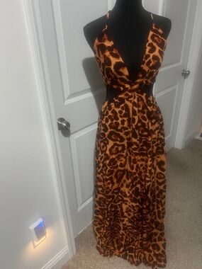 Leopard Print Halter Maxi Dress in Brown